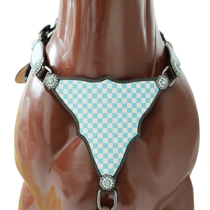 MOUSM Western Leather Headstall and Breast Collar Set – Argentina Cow Leather Horse Tack Set Decorated with Sky Blue Checkered Vector Flags Illustration Design on White Background and Shining Rhinestones Conchos
