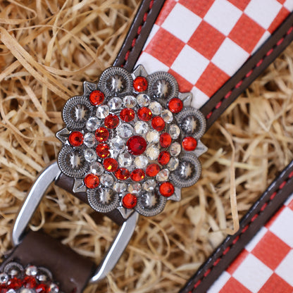 MOUSM Western Leather Headstall and Breast Collar Set – Argentina Cow Leather Horse Tack Set Decorated with Orange Checkered Vector Flags Illustration Design on White Background and Shining Rhinestone Conchos
