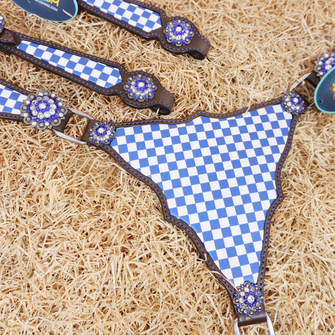 MOUSM Western Leather Headstall and Breast Collar Set – Argentina Cow Leather Horse Tack Set Decorated with Blue Checkered Vector Flags Illustration Design on White Background and Shining Rhinestone Conchos