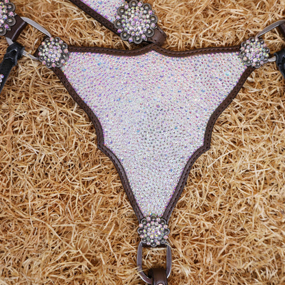 MOUSM Western Headstall and Breast Collar Set – Argentina Cow Leather Horse Tack Set Decorated with AB Rhinestones on Gladiator Breast Collar with Roping and Bling Conchos