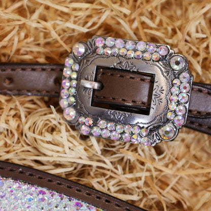 MOUSM Western Headstall and Breast Collar Set – Argentina Cow Leather Horse Tack Set Decorated with AB Rhinestones on Gladiator Breast Collar with Roping and Bling Conchos