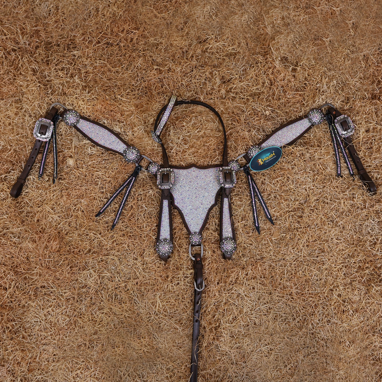 MOUSM Western Headstall and Breast Collar Set – Argentina Cow Leather Horse Tack Set Decorated with AB Rhinestones on Gladiator Breast Collar with Roping and Bling Conchos