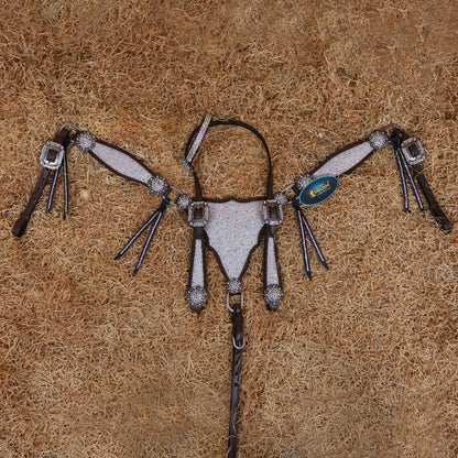 MOUSM Western Headstall and Breast Collar Set – Argentina Cow Leather Horse Tack Set Decorated with AB Rhinestones on Gladiator Breast Collar with Roping and Bling Conchos