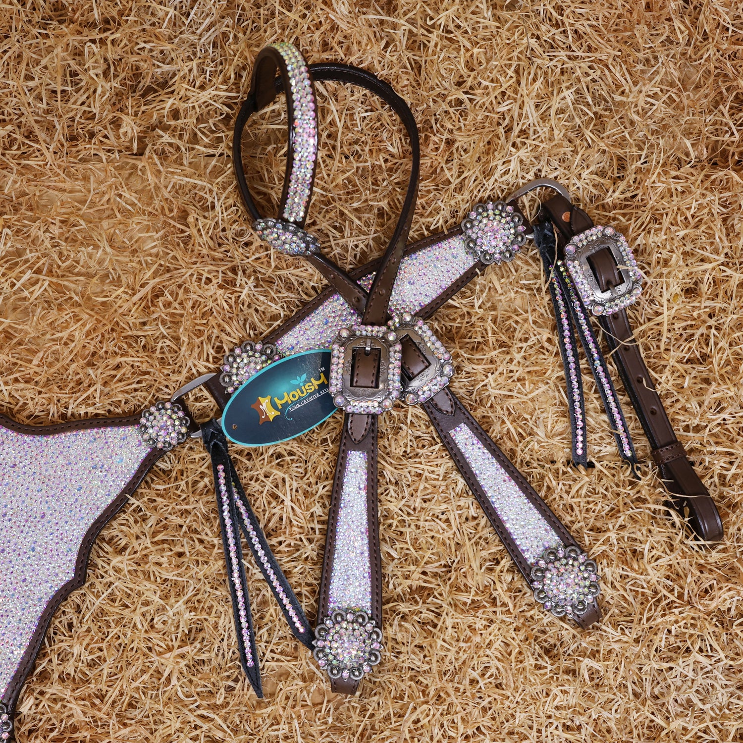 MOUSM Western Headstall and Breast Collar Set – Argentina Cow Leather Horse Tack Set Decorated with AB Rhinestones on Gladiator Breast Collar with Roping and Bling Conchos