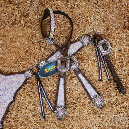 MOUSM Western Headstall and Breast Collar Set – Argentina Cow Leather Horse Tack Set Decorated with AB Rhinestones on Gladiator Breast Collar with Roping and Bling Conchos