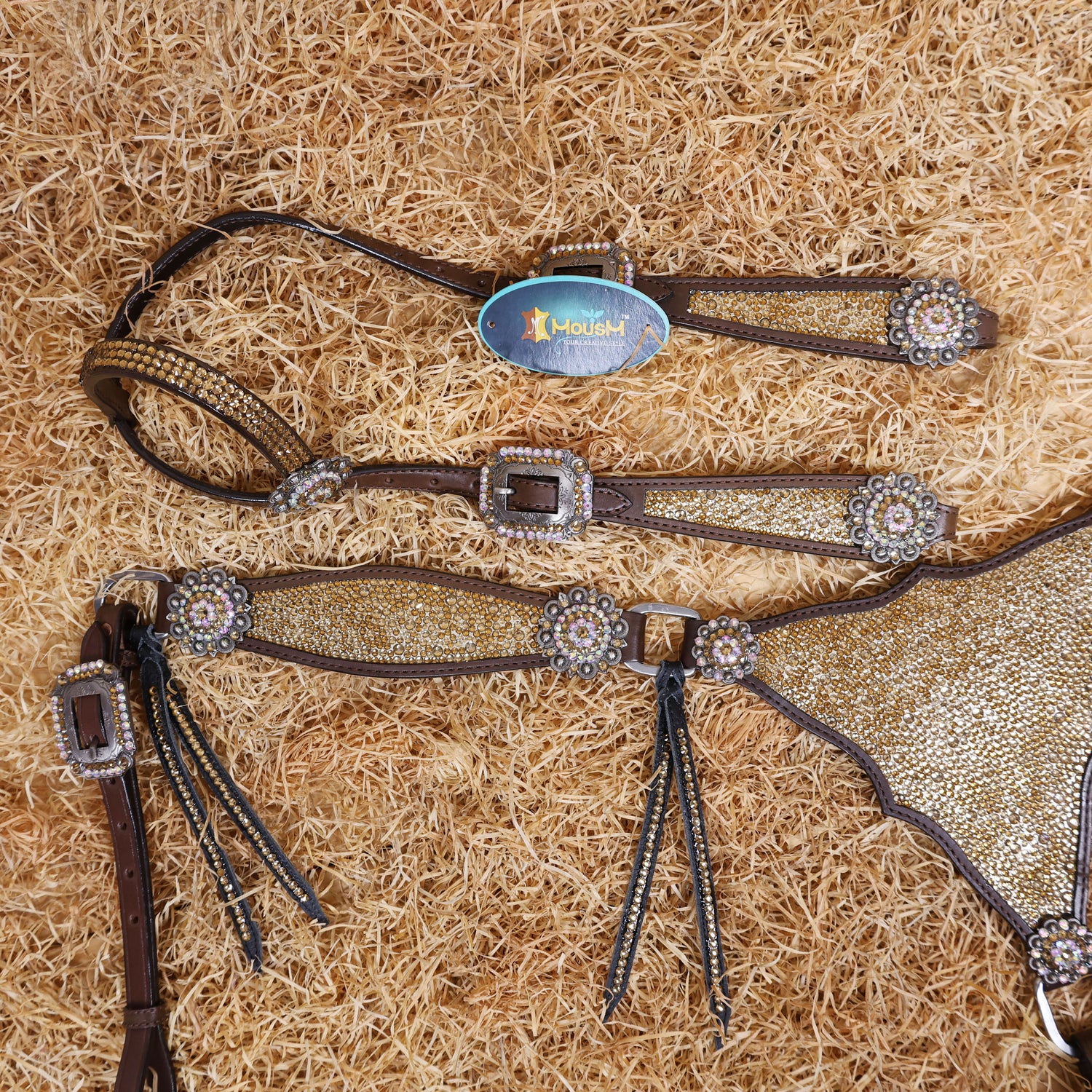MOUSM Western Headstall and Breast Collar Set – Argentina Cow Leather Horse Tack Set Decorated with Topaz Rhinestones on Gladiator Breast Collar with Roping and Bling Conchos