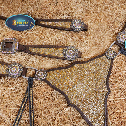 MOUSM Western Headstall and Breast Collar Set – Argentina Cow Leather Horse Tack Set Decorated with Topaz Rhinestones on Gladiator Breast Collar with Roping and Bling Conchos