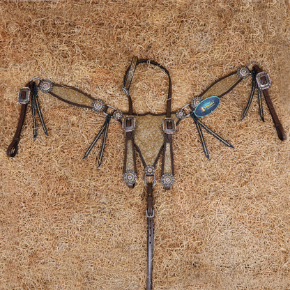 MOUSM Western Headstall and Breast Collar Set – Argentina Cow Leather Horse Tack Set Decorated with Topaz Rhinestones on Gladiator Breast Collar with Roping and Bling Conchos