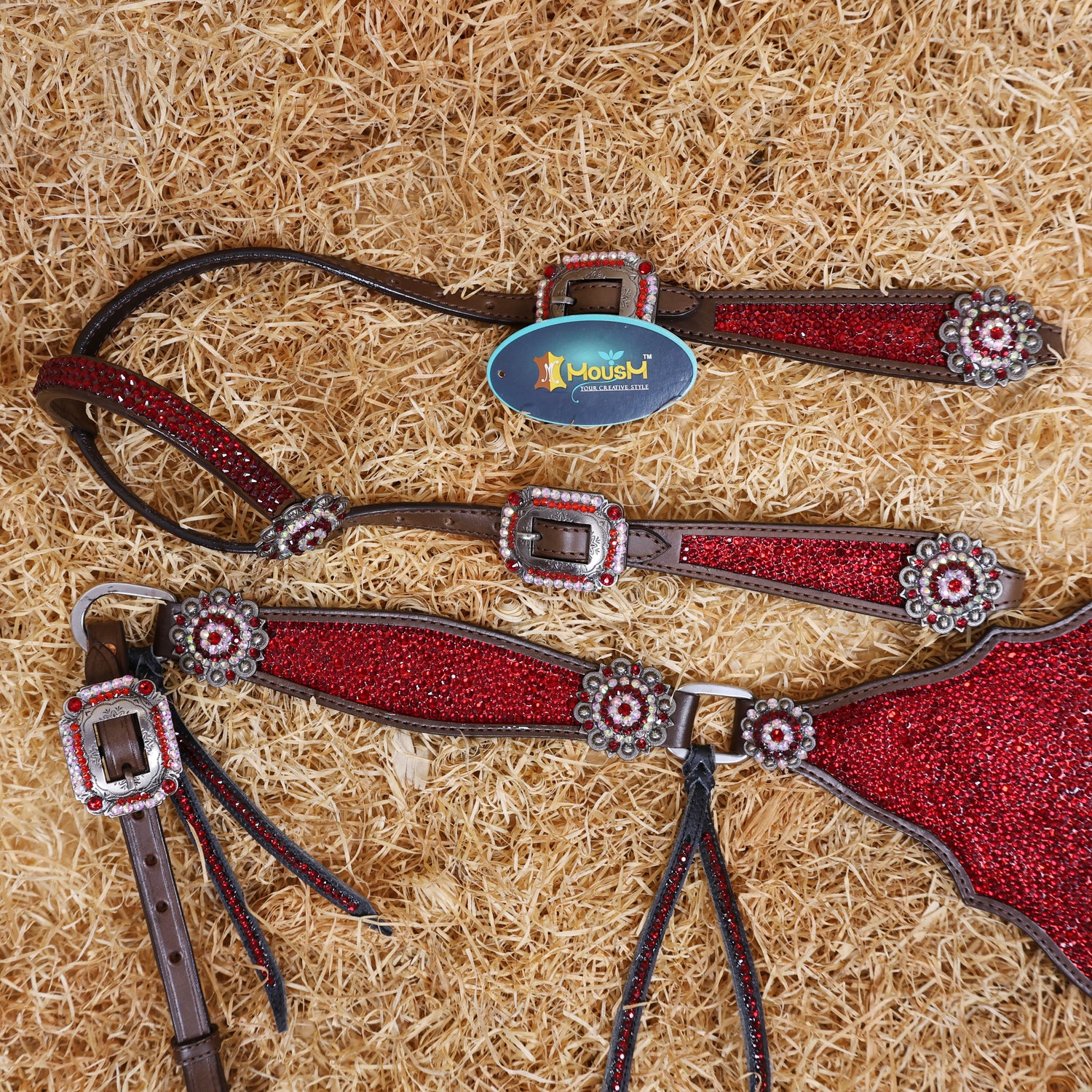MOUSM Western Headstall and Breast Collar Set – Argentina Cow Leather Horse Tack Set Decorated with Red Rhinestones on Gladiator Breast Collar with Roping and Bling Conchos