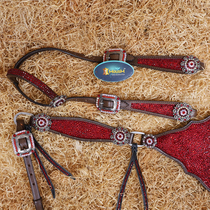 MOUSM Western Headstall and Breast Collar Set – Argentina Cow Leather Horse Tack Set Decorated with Red Rhinestones on Gladiator Breast Collar with Roping and Bling Conchos