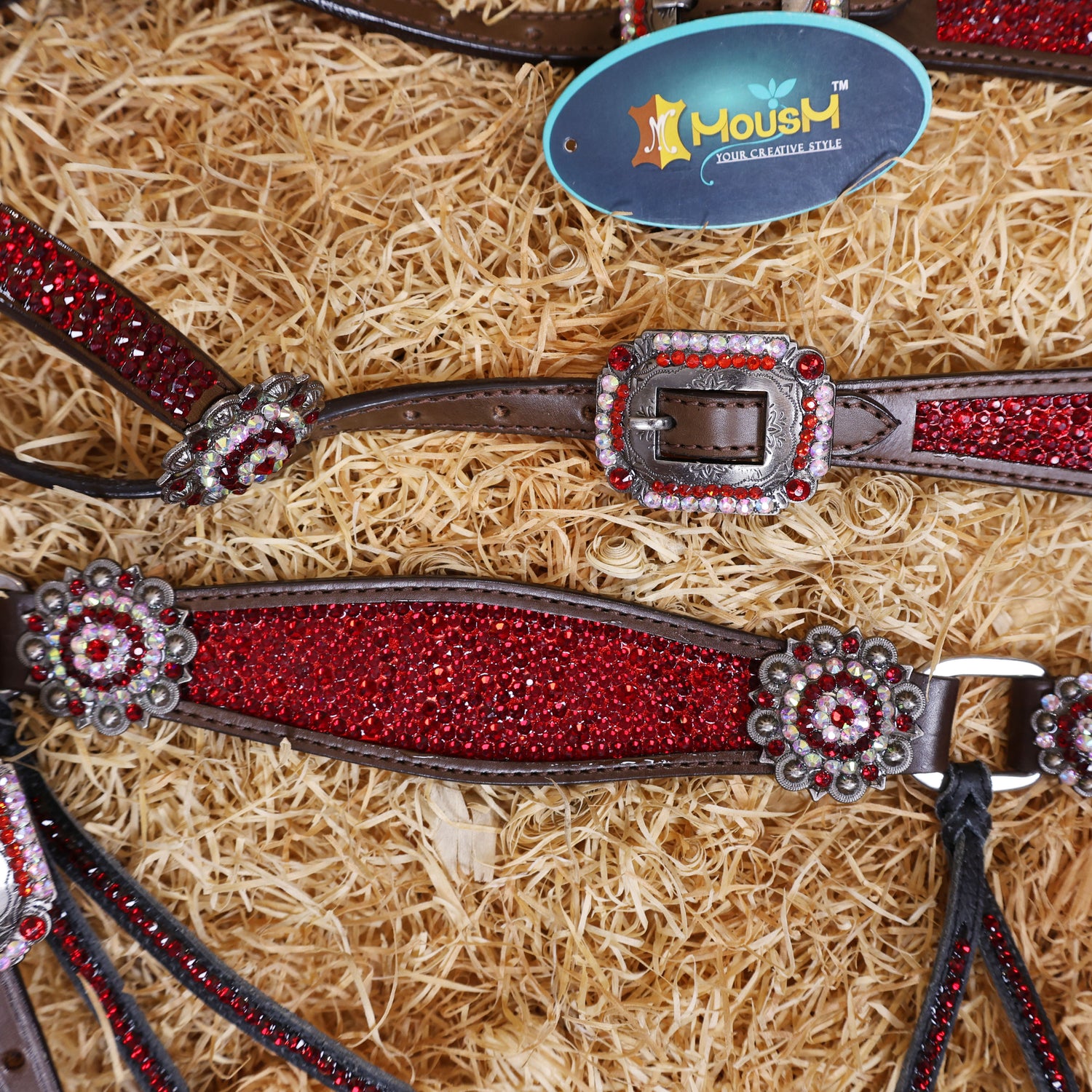 MOUSM Western Headstall and Breast Collar Set – Argentina Cow Leather Horse Tack Set Decorated with Red Rhinestones on Gladiator Breast Collar with Roping and Bling Conchos
