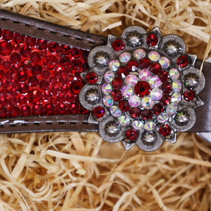 MOUSM Western Headstall and Breast Collar Set – Argentina Cow Leather Horse Tack Set Decorated with Red Rhinestones on Gladiator Breast Collar with Roping and Bling Conchos