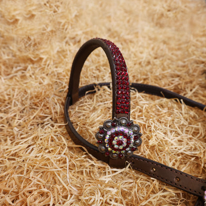 MOUSM Western Headstall and Breast Collar Set – Argentina Cow Leather Horse Tack Set Decorated with Red Rhinestones on Gladiator Breast Collar with Roping and Bling Conchos
