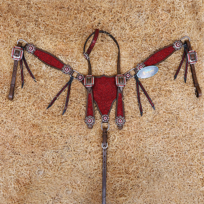 MOUSM Western Headstall and Breast Collar Set – Argentina Cow Leather Horse Tack Set Decorated with Red Rhinestones on Gladiator Breast Collar with Roping and Bling Conchos