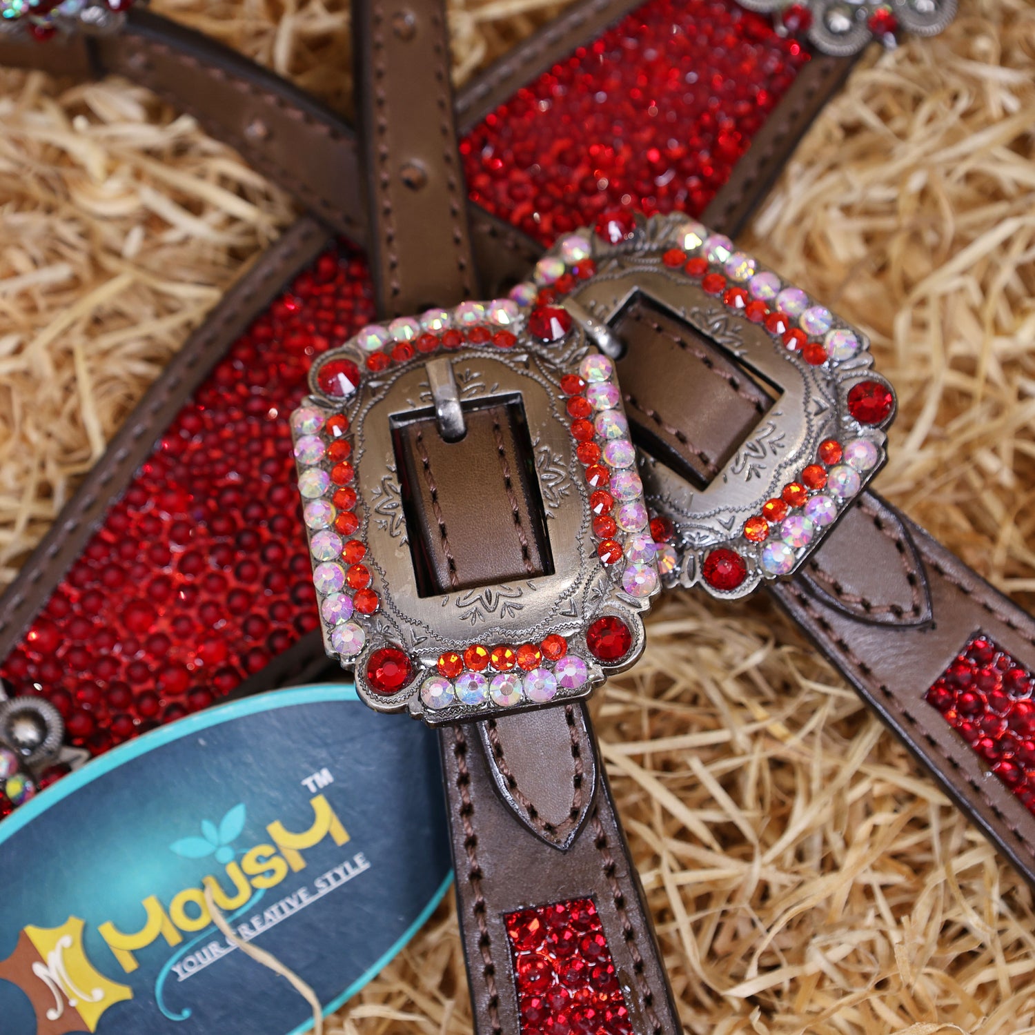 MOUSM Western Headstall and Breast Collar Set – Argentina Cow Leather Horse Tack Set Decorated with Red Rhinestones on Gladiator Breast Collar with Roping and Bling Conchos