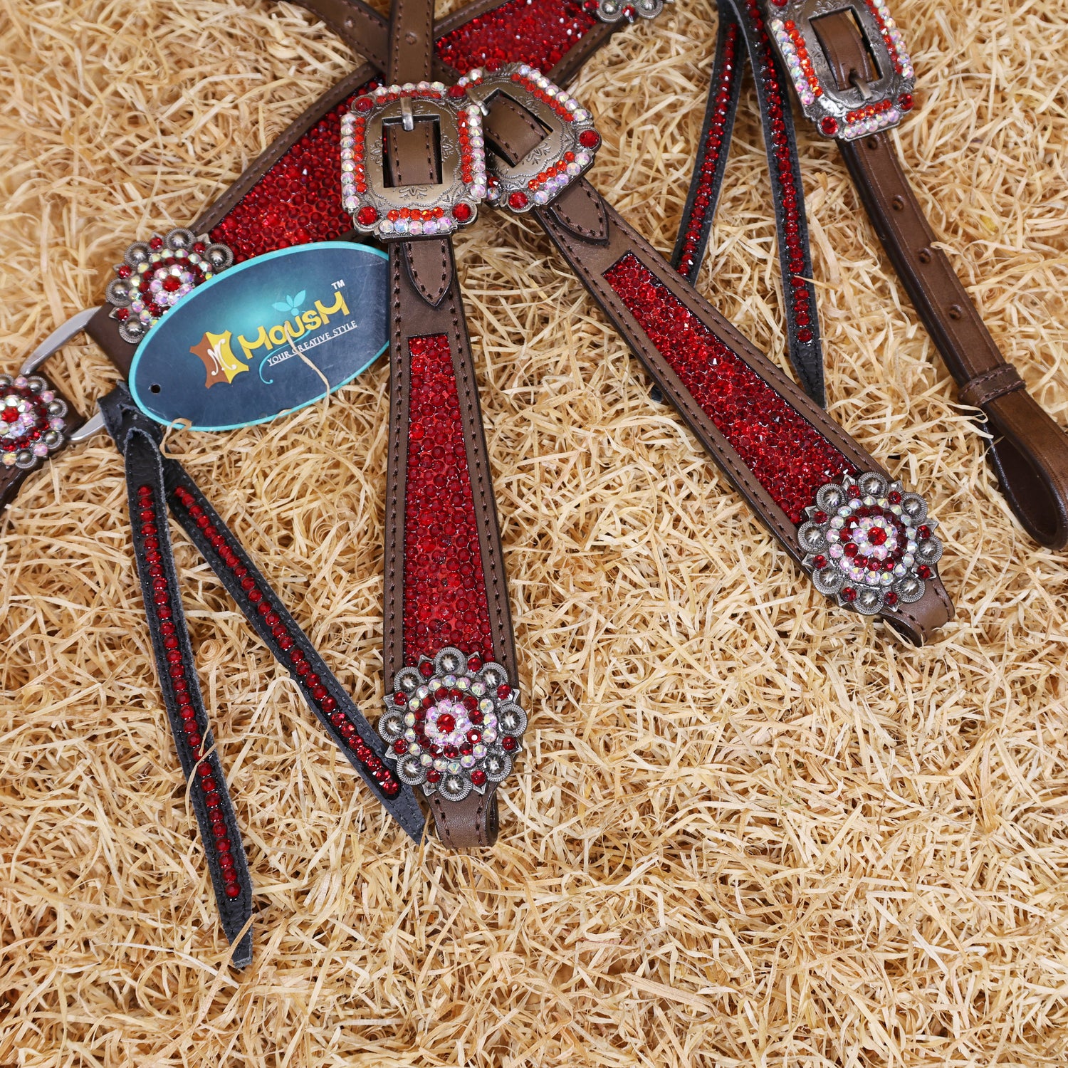 MOUSM Western Headstall and Breast Collar Set – Argentina Cow Leather Horse Tack Set Decorated with Red Rhinestones on Gladiator Breast Collar with Roping and Bling Conchos