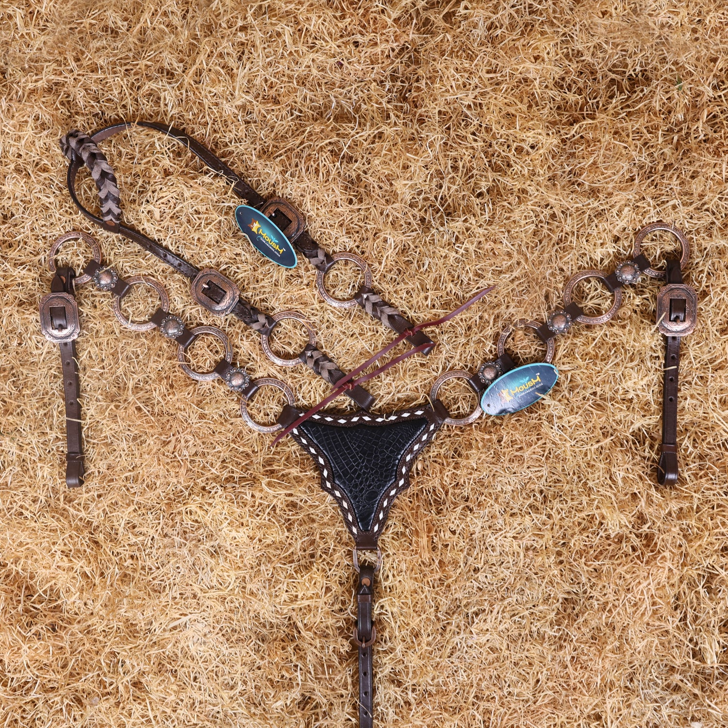 MOUSM Western Headstall and Breast Collar Set – Ring Headstall with Copper Rings and Cowhide Braiding, Breast Collar with Black Alligator Leather Patch and Buck Stitching.