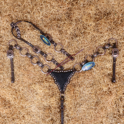 MOUSM Western Headstall and Breast Collar Set – Ring Headstall with Copper Rings and Cowhide Braiding, Breast Collar with Black Alligator Leather Patch and Buck Stitching.