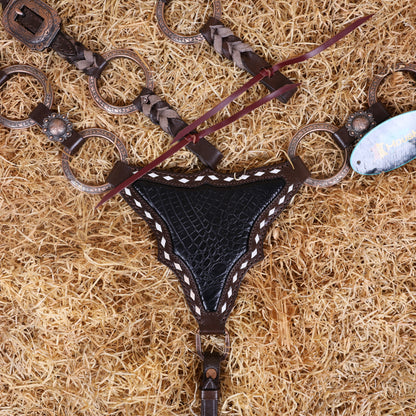 MOUSM Western Headstall and Breast Collar Set – Ring Headstall with Copper Rings and Cowhide Braiding, Breast Collar with Black Alligator Leather Patch and Buck Stitching.