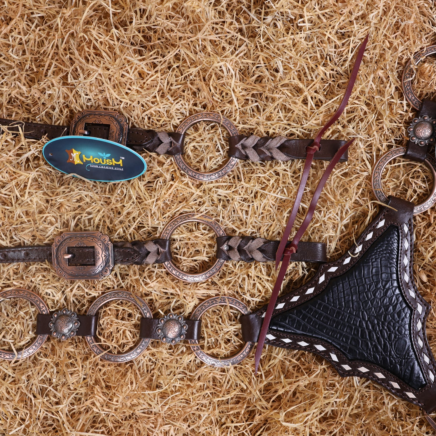 MOUSM Western Headstall and Breast Collar Set – Ring Headstall with Copper Rings and Cowhide Braiding, Breast Collar with Black Alligator Leather Patch and Buck Stitching.