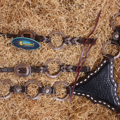 MOUSM Western Headstall and Breast Collar Set – Ring Headstall with Copper Rings and Cowhide Braiding, Breast Collar with Black Alligator Leather Patch and Buck Stitching.