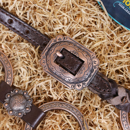 MOUSM Western Headstall and Breast Collar Set – Ring Headstall with Copper Rings and Cowhide Braiding, Breast Collar with Black Alligator Leather Patch and Buck Stitching.