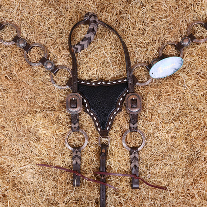 MOUSM Western Headstall and Breast Collar Set – Ring Headstall with Copper Rings and Cowhide Braiding, Breast Collar with Black Alligator Leather Patch and Buck Stitching.