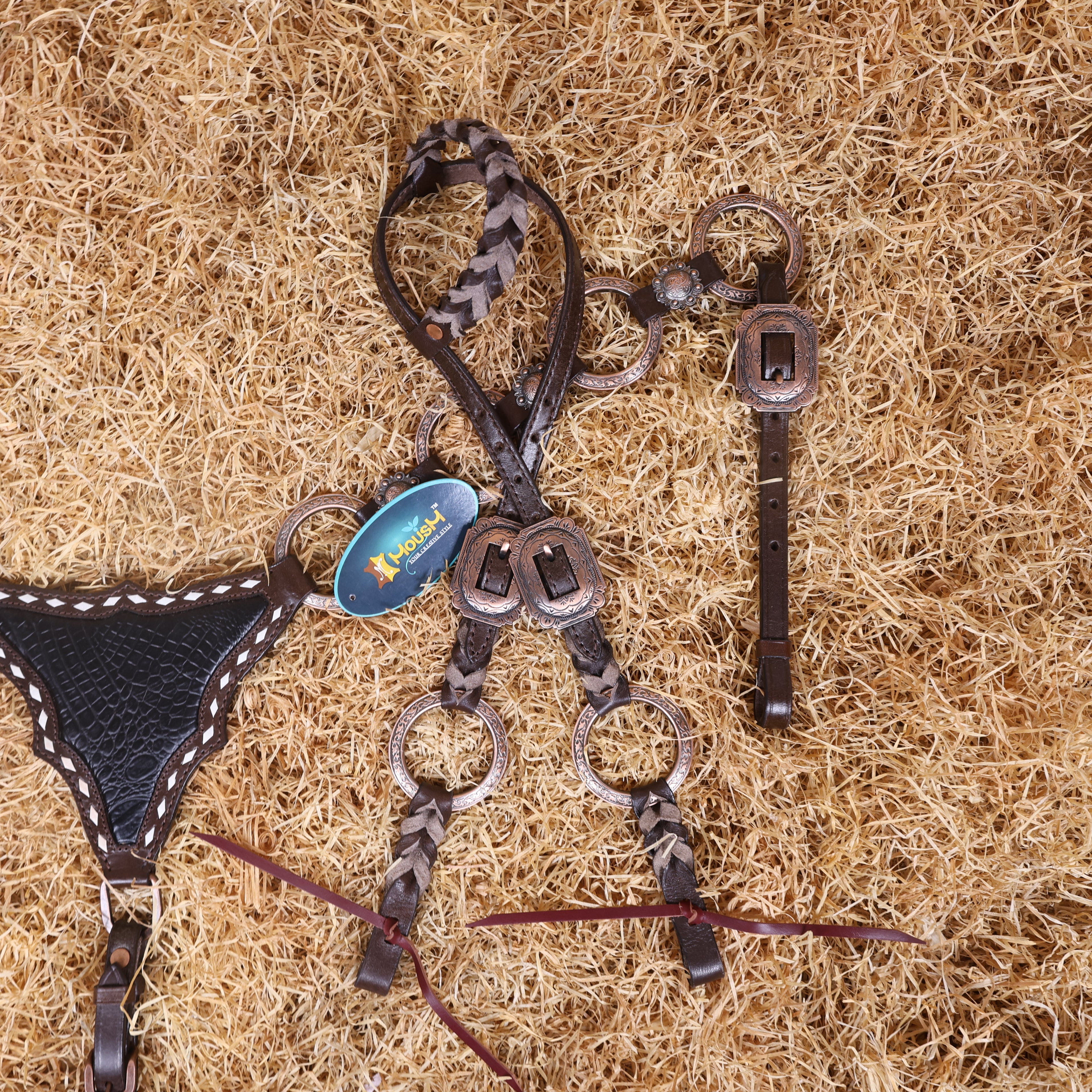 MOUSM Western Headstall and Breast Collar Set – Ring Headstall with Copper Rings and Cowhide Braiding, Breast Collar with Black Alligator Leather Patch and Buck Stitching.
