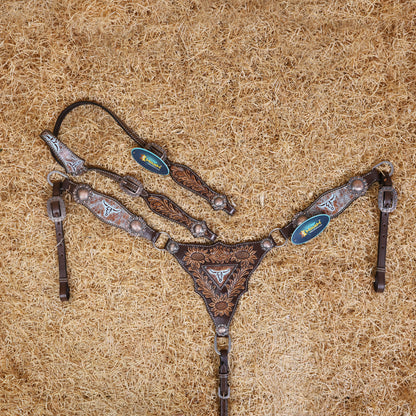 MOUSM Western Headstall and Breast Collar Set – One-Ear Headstall with Sunflowers and Steer Head Hand-Carving Throughout, Finished with Congress Conchos