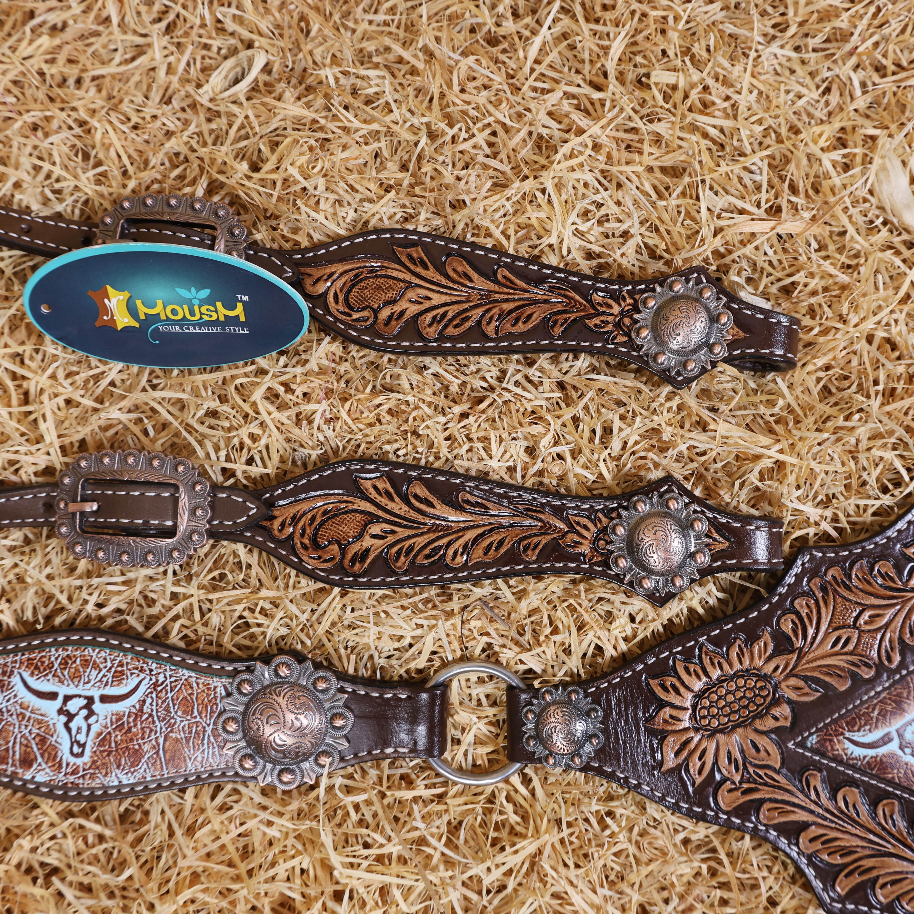 MOUSM Western Headstall and Breast Collar Set – One-Ear Headstall with Sunflowers and Steer Head Hand-Carving Throughout, Finished with Congress Conchos