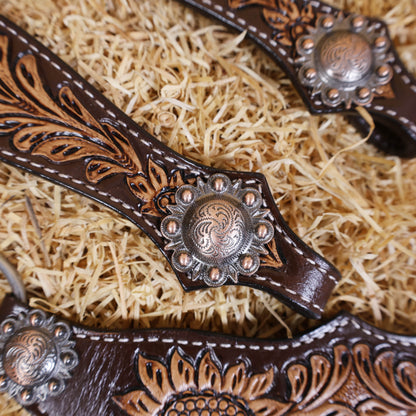 MOUSM Western Headstall and Breast Collar Set – One-Ear Headstall with Sunflowers and Steer Head Hand-Carving Throughout, Finished with Congress Conchos