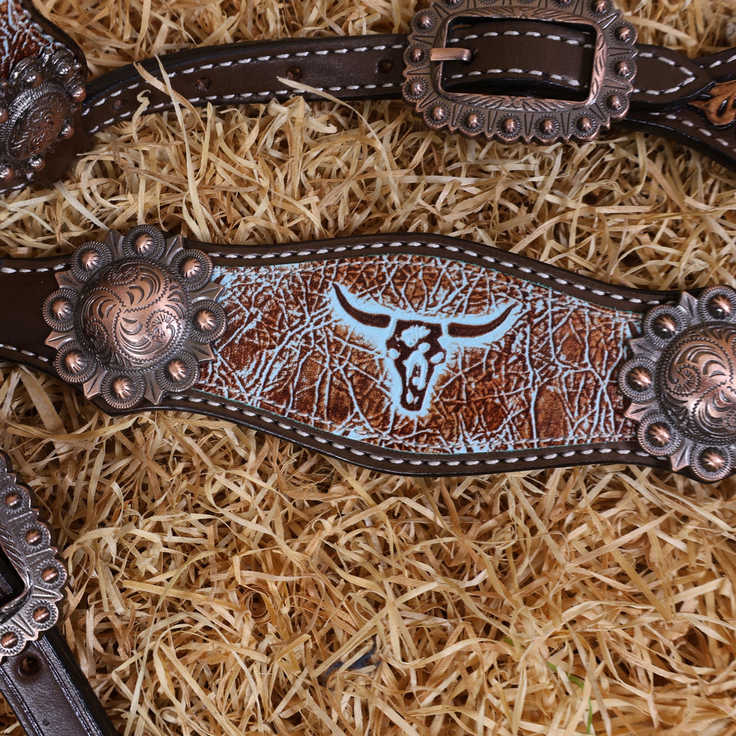 MOUSM Western Headstall and Breast Collar Set – One-Ear Headstall with Sunflowers and Steer Head Hand-Carving Throughout, Finished with Congress Conchos