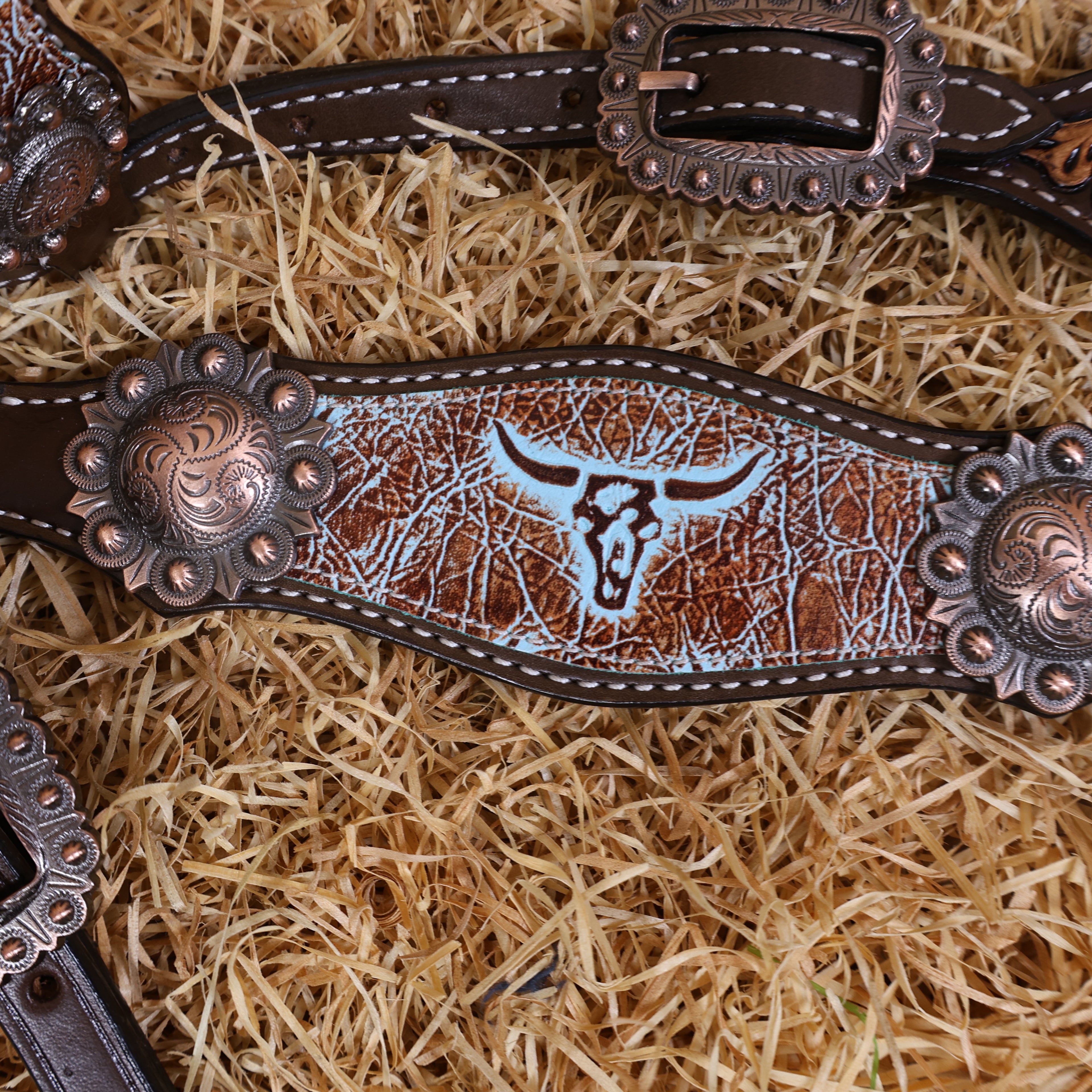 MOUSM Western Headstall and Breast Collar Set – One-Ear Headstall with Sunflowers and Steer Head Hand-Carving Throughout, Finished with Congress Conchos