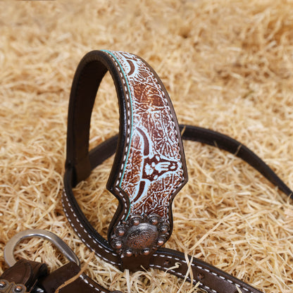 MOUSM Western Headstall and Breast Collar Set – One-Ear Headstall with Sunflowers and Steer Head Hand-Carving Throughout, Finished with Congress Conchos