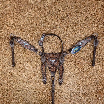 MOUSM Western Headstall and Breast Collar Set – One-Ear Headstall with Sunflowers and Steer Head Hand-Carving Throughout, Finished with Congress Conchos