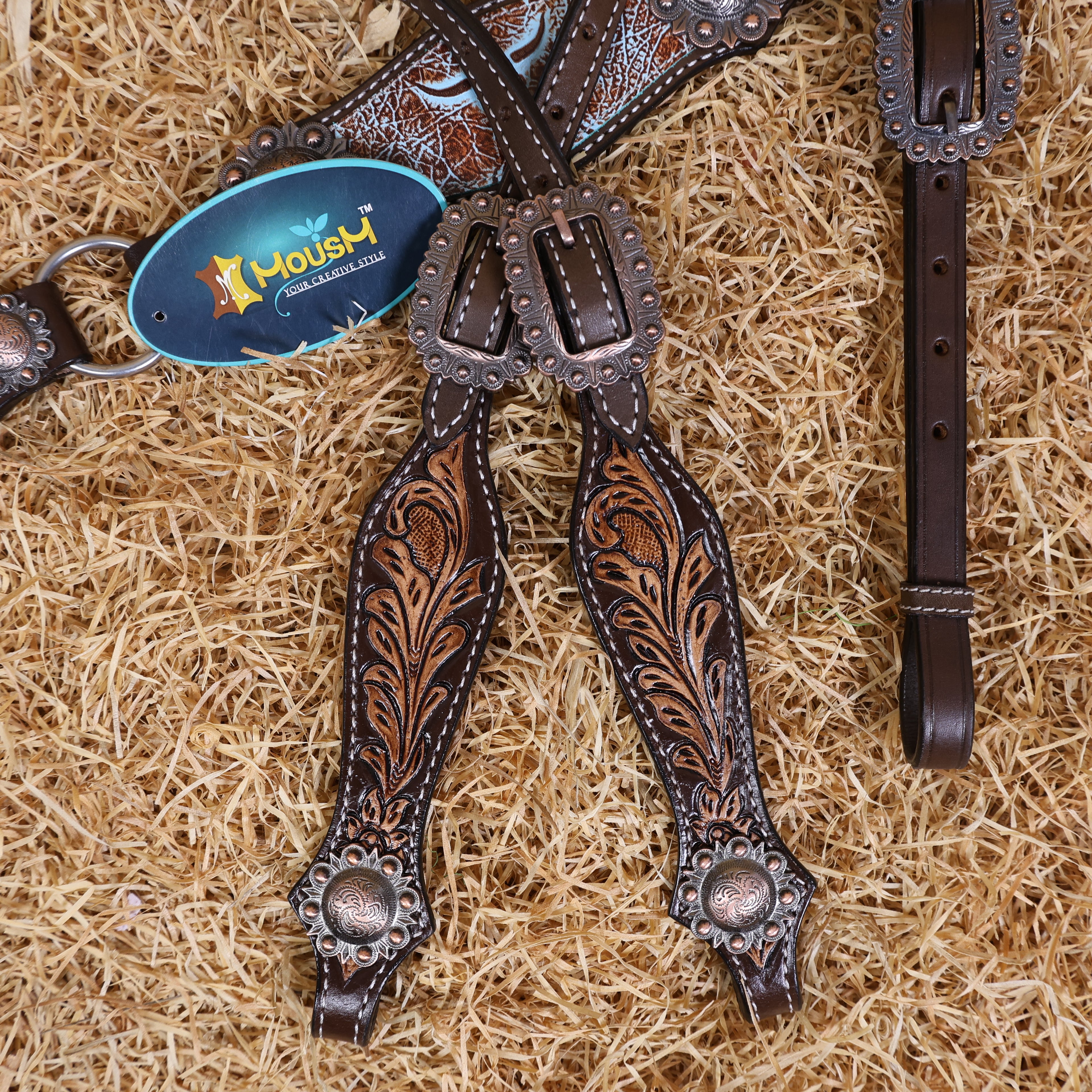 MOUSM Western Headstall and Breast Collar Set – One-Ear Headstall with Sunflowers and Steer Head Hand-Carving Throughout, Finished with Congress Conchos