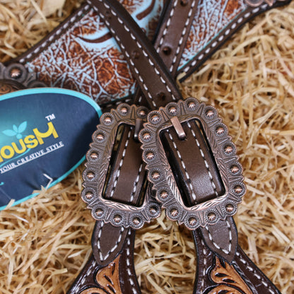 MOUSM Western Headstall and Breast Collar Set – One-Ear Headstall with Sunflowers and Steer Head Hand-Carving Throughout, Finished with Congress Conchos
