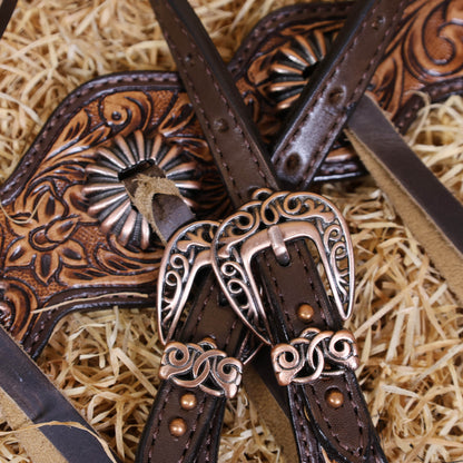 MOUSM Western Horse Headstall Set - Argentina Leather Tack Set Featuring with Flower Hand-Tooling and Mushroom Slot Concho with Roping