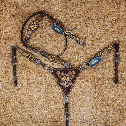 MOUSM Browband Headstall and Breast Collar Set – Gladiator-Style Breast Collar with Leopard Print Cowhide Cross Cutout Leather Patch, Flower Tooling, Rhinestones, and Fancy Concho