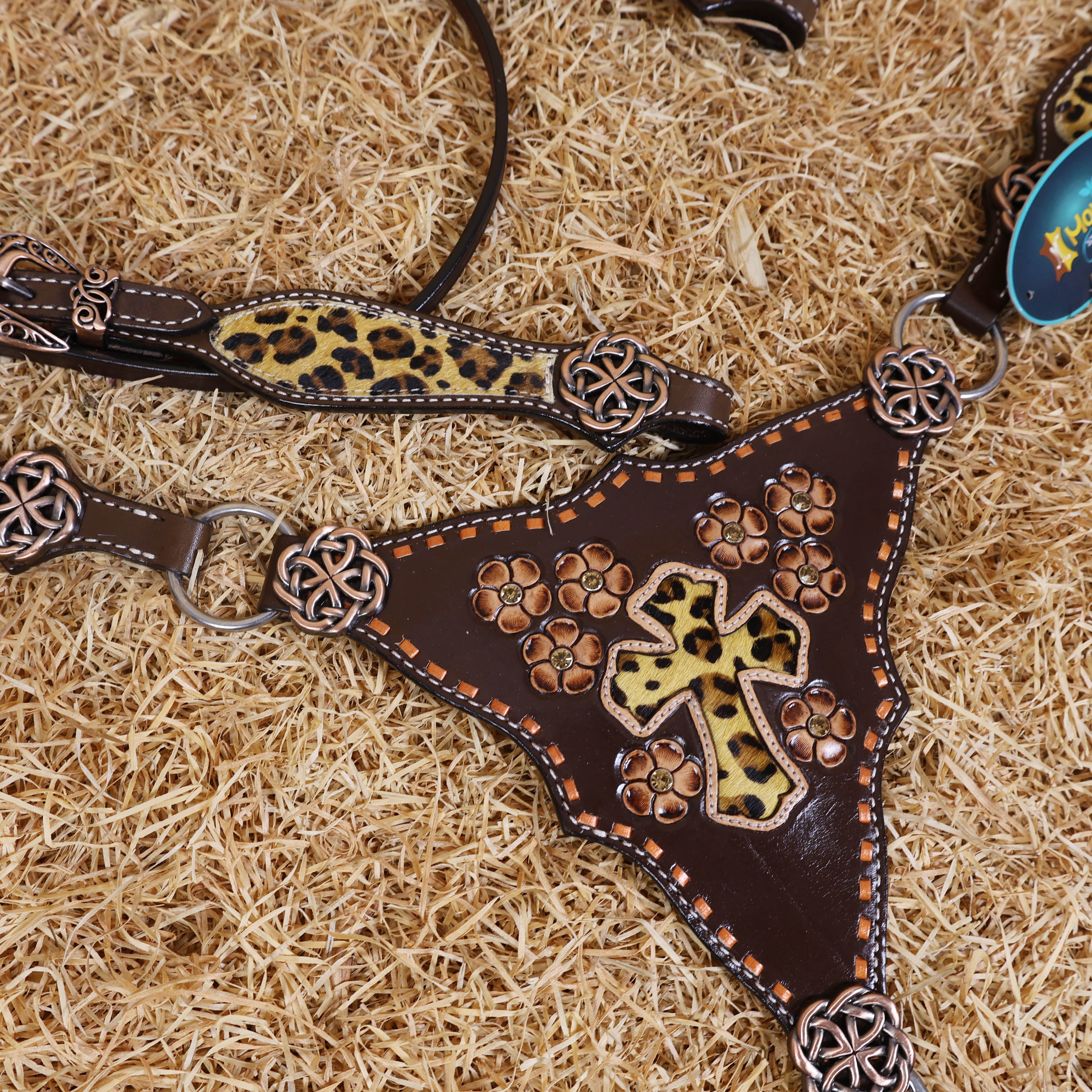 MOUSM Browband Headstall and Breast Collar Set – Gladiator-Style Breast Collar with Leopard Print Cowhide Cross Cutout Leather Patch, Flower Tooling, Rhinestones, and Fancy Concho