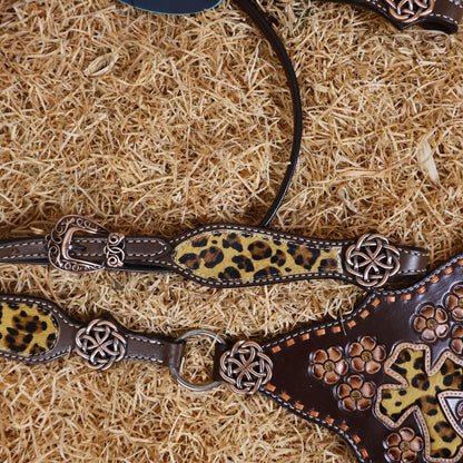 MOUSM Browband Headstall and Breast Collar Set – Gladiator-Style Breast Collar with Leopard Print Cowhide Cross Cutout Leather Patch, Flower Tooling, Rhinestones, and Fancy Concho