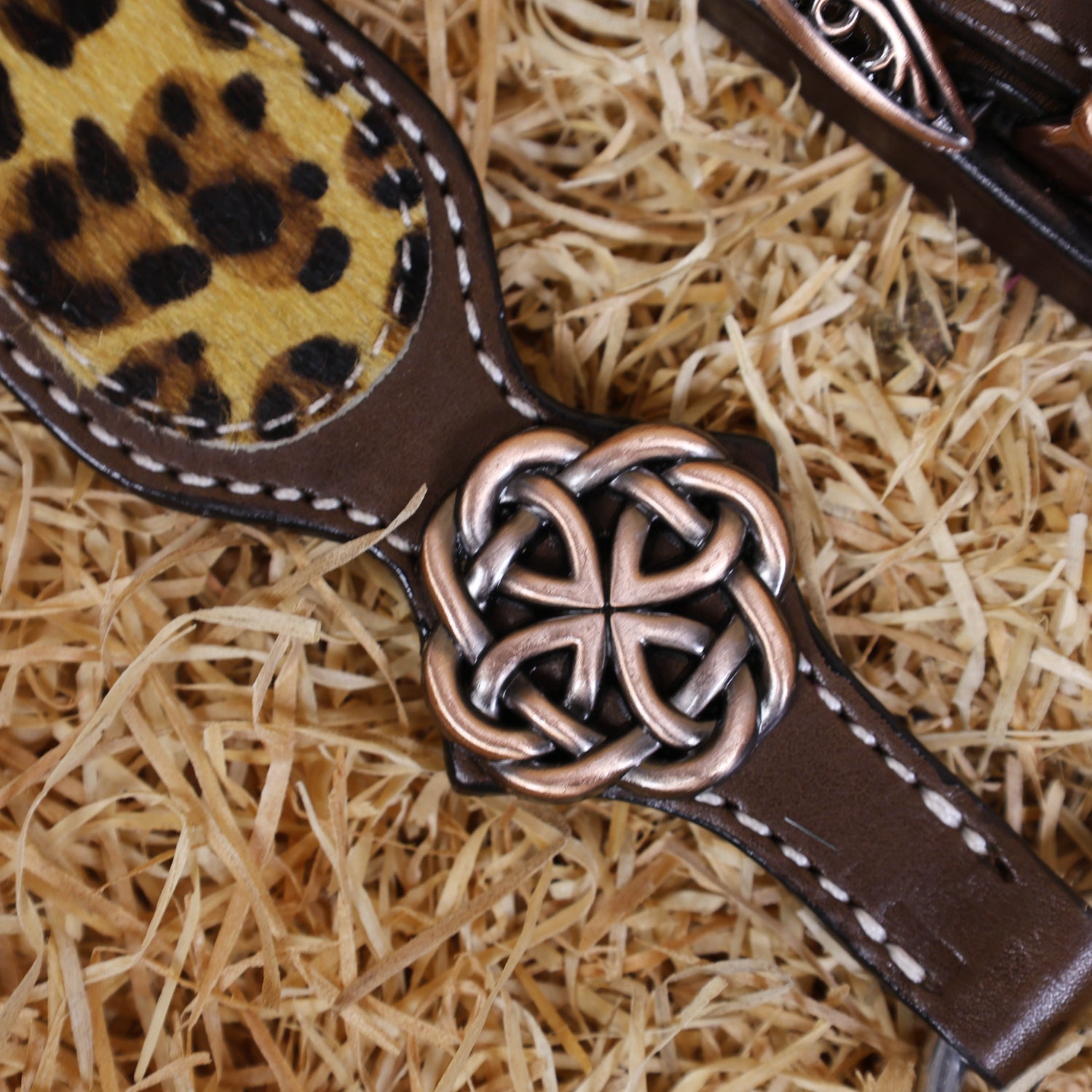 MOUSM Browband Headstall and Breast Collar Set – Gladiator-Style Breast Collar with Leopard Print Cowhide Cross Cutout Leather Patch, Flower Tooling, Rhinestones, and Fancy Concho
