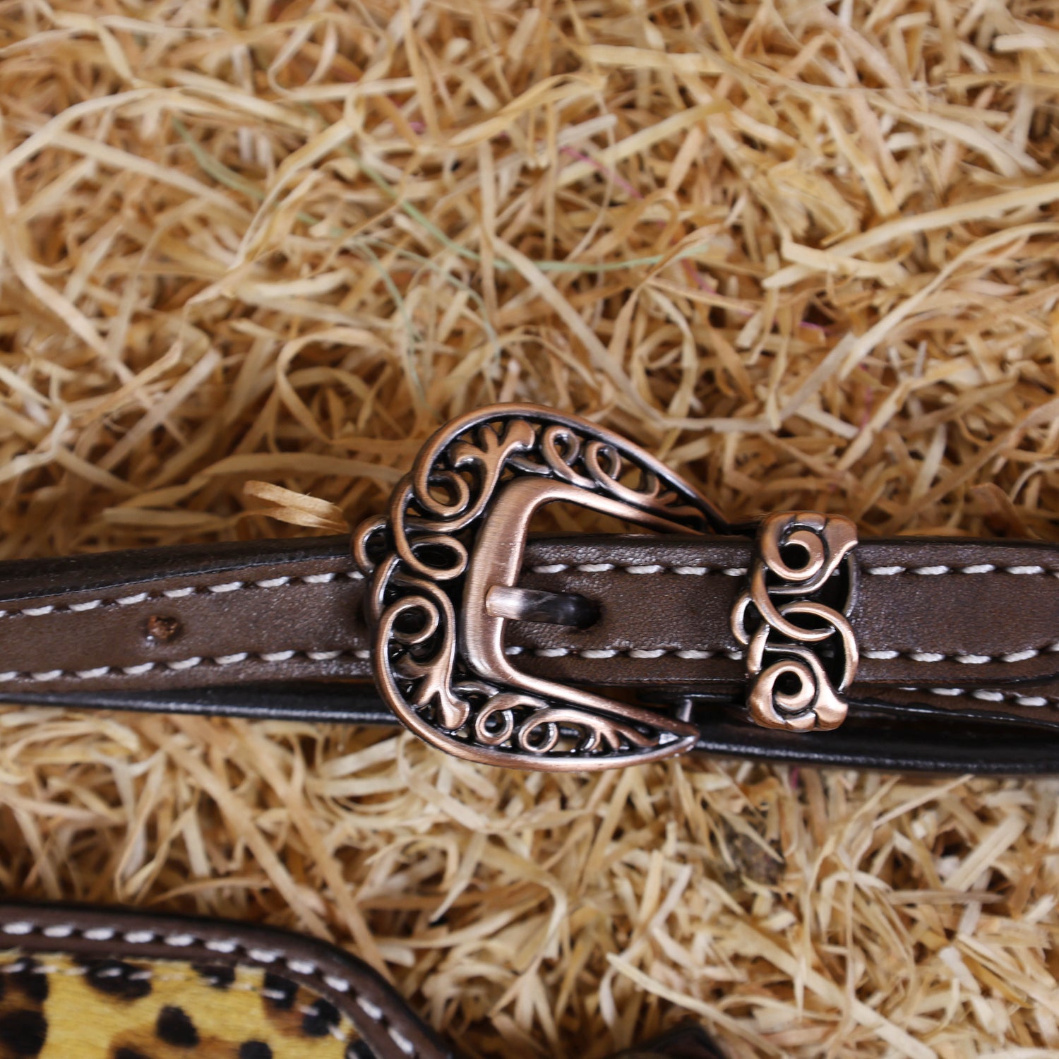 MOUSM Browband Headstall and Breast Collar Set – Gladiator-Style Breast Collar with Leopard Print Cowhide Cross Cutout Leather Patch, Flower Tooling, Rhinestones, and Fancy Concho