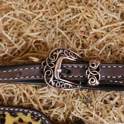 MOUSM Browband Headstall and Breast Collar Set – Gladiator-Style Breast Collar with Leopard Print Cowhide Cross Cutout Leather Patch, Flower Tooling, Rhinestones, and Fancy Concho