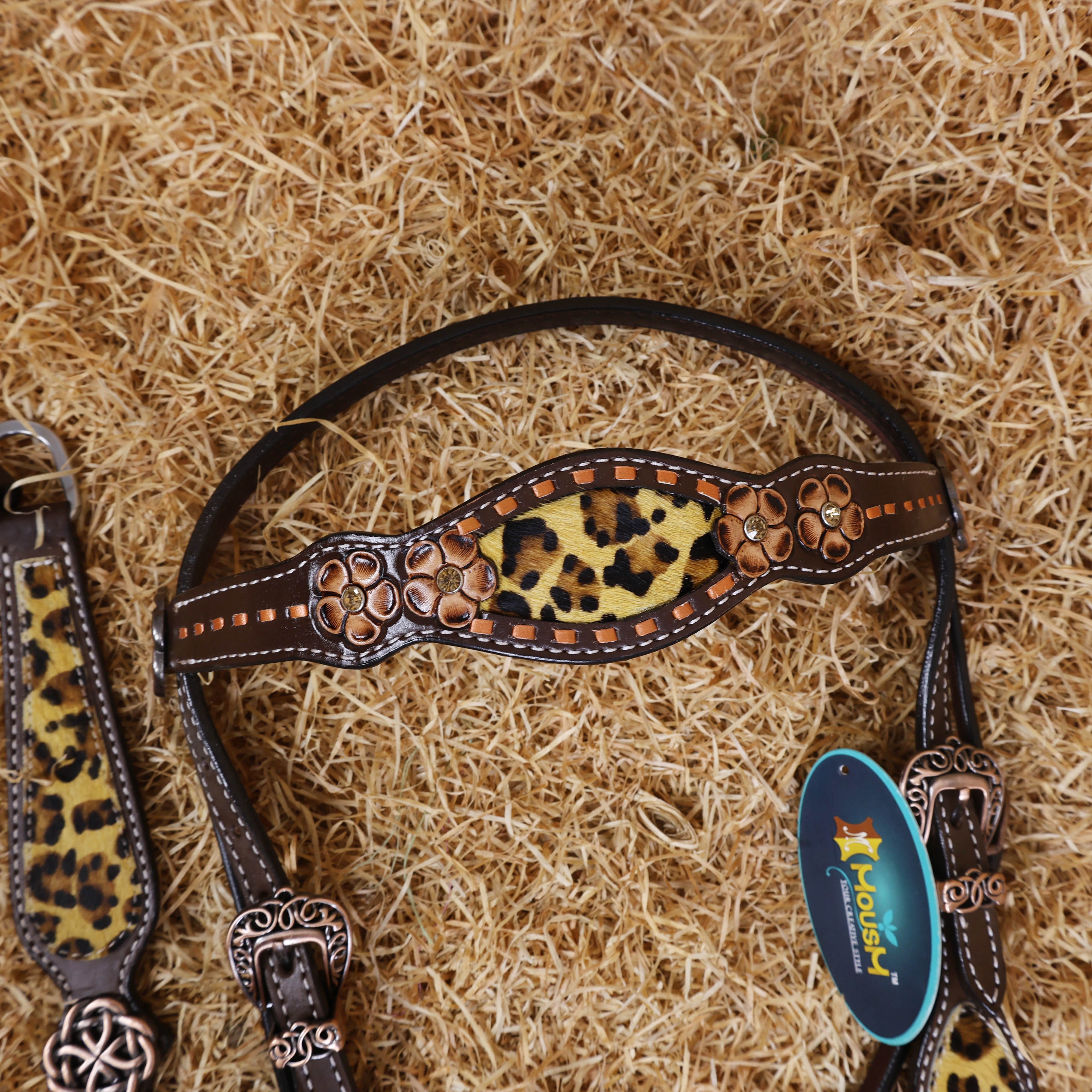 MOUSM Browband Headstall and Breast Collar Set – Gladiator-Style Breast Collar with Leopard Print Cowhide Cross Cutout Leather Patch, Flower Tooling, Rhinestones, and Fancy Concho