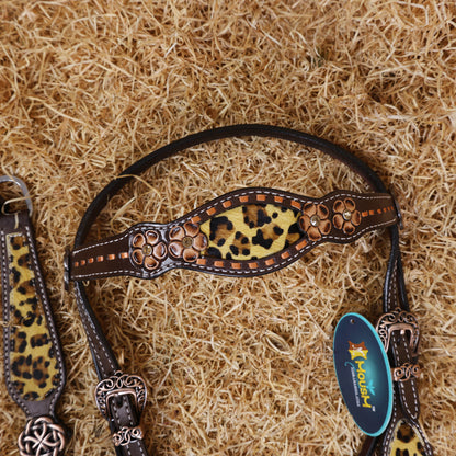 MOUSM Browband Headstall and Breast Collar Set – Gladiator-Style Breast Collar with Leopard Print Cowhide Cross Cutout Leather Patch, Flower Tooling, Rhinestones, and Fancy Concho