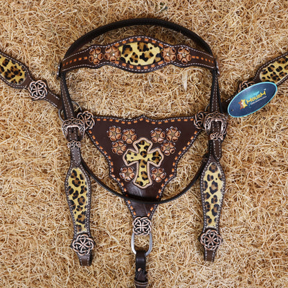 MOUSM Browband Headstall and Breast Collar Set – Gladiator-Style Breast Collar with Leopard Print Cowhide Cross Cutout Leather Patch, Flower Tooling, Rhinestones, and Fancy Concho