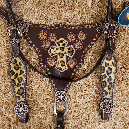 MOUSM Browband Headstall and Breast Collar Set – Gladiator-Style Breast Collar with Leopard Print Cowhide Cross Cutout Leather Patch, Flower Tooling, Rhinestones, and Fancy Concho