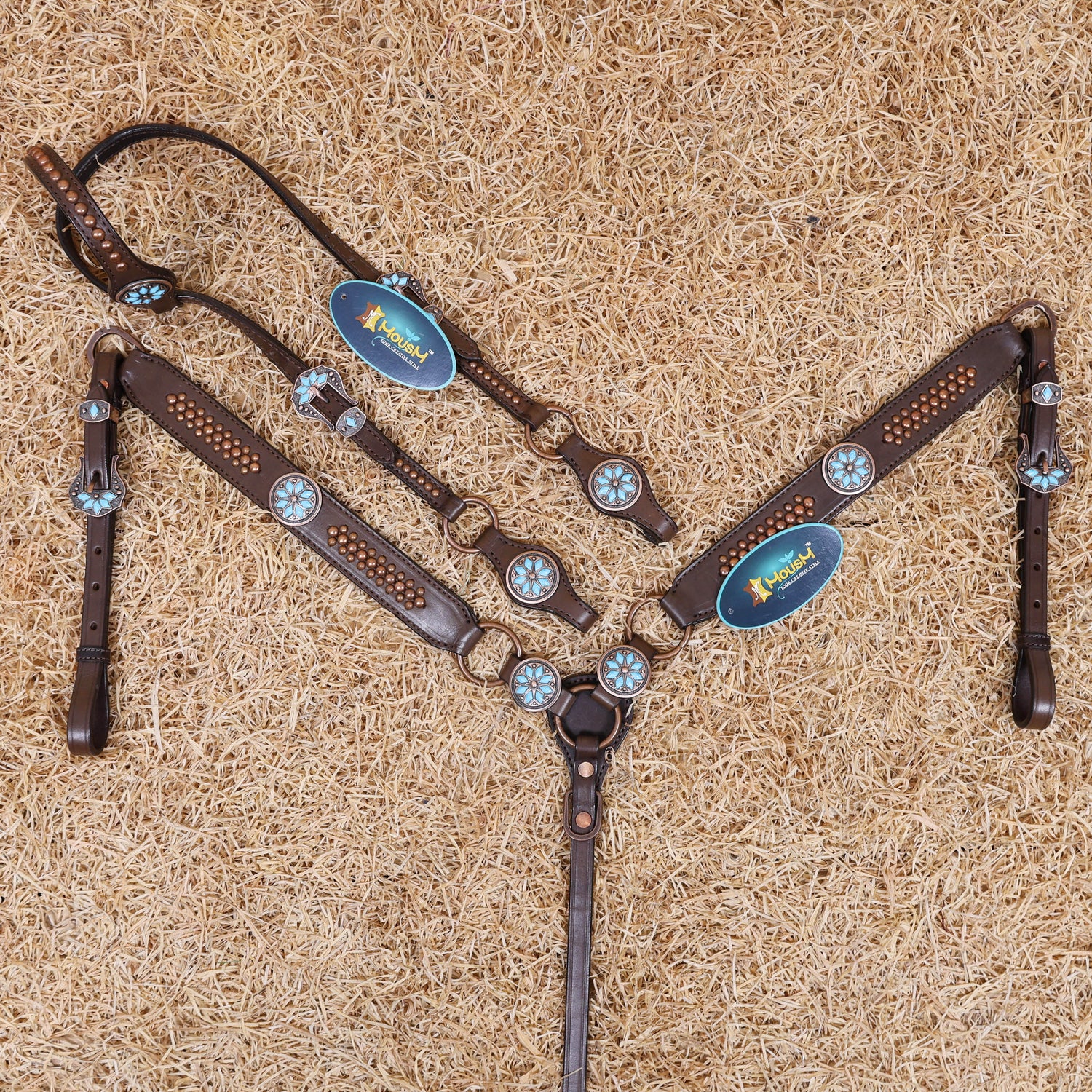 MOUSM Western Horse Tack Set – Leather One Ear Headstall and Breast Collar Set Decorated with Turquoise Stones, Copper Studs, and Copper Conchos