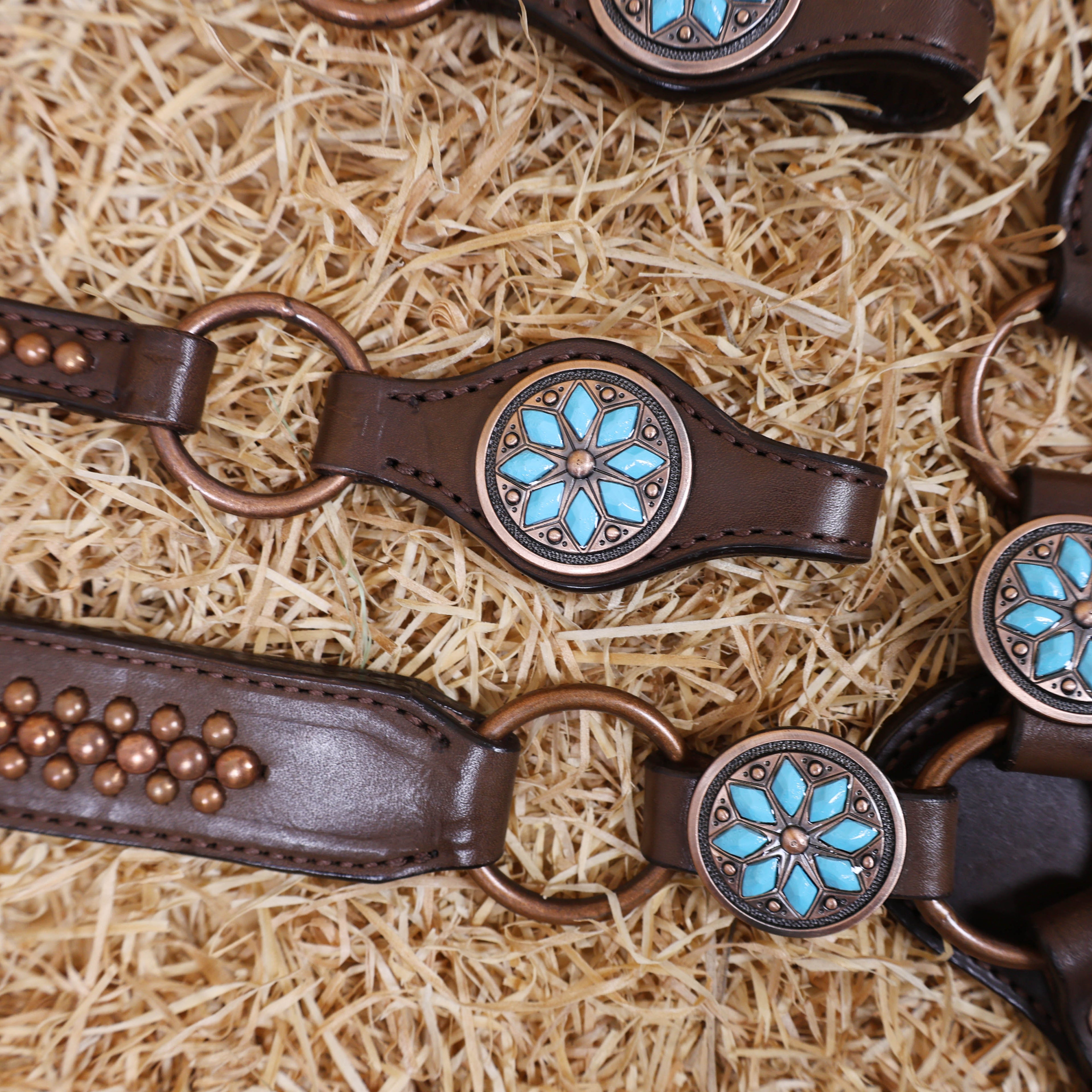 MOUSM Western Horse Tack Set – Leather One Ear Headstall and Breast Collar Set Decorated with Turquoise Stones, Copper Studs, and Copper Conchos